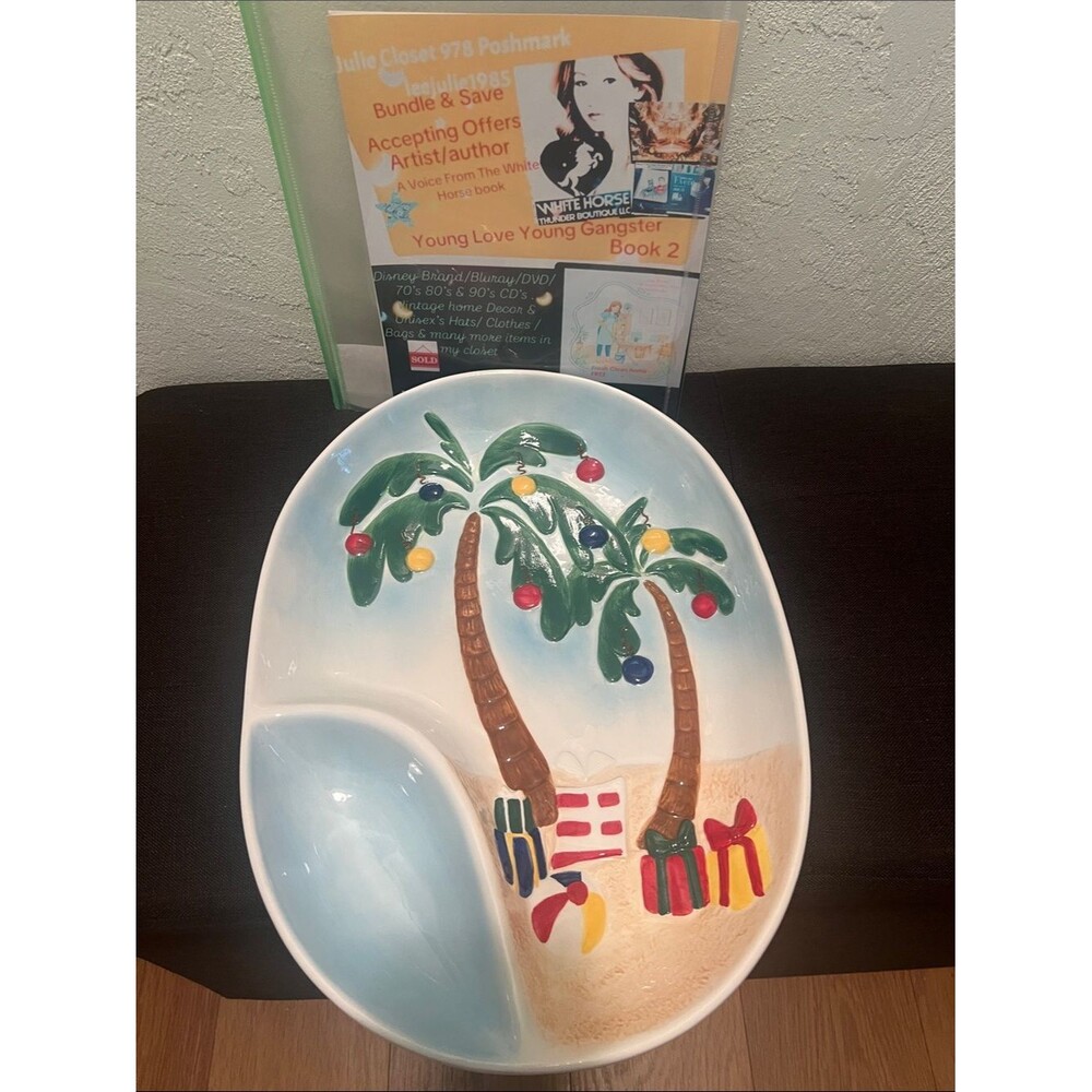 # 2206**”12x17”2005 Holiday Palm Tree Porcelain Serving Dish - Blue & Green